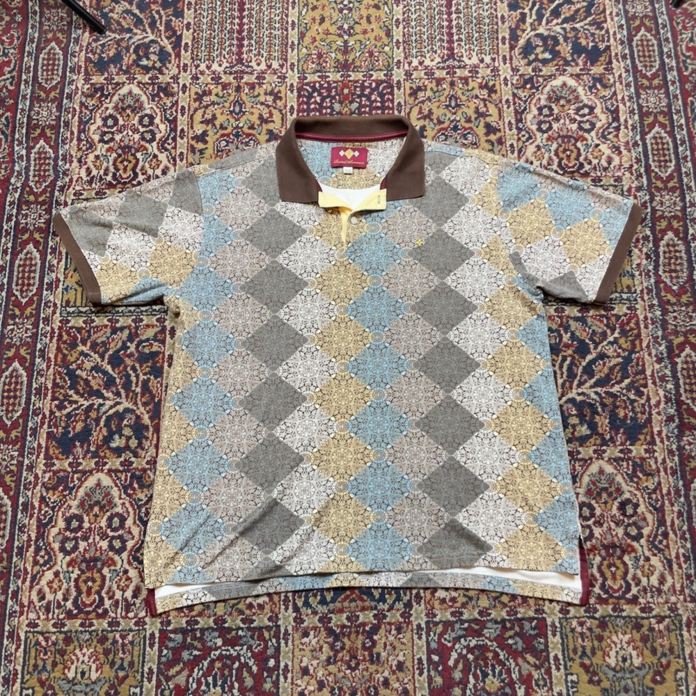 Russell Simmons Argyleculture Mens XL Polo Shirt Brown Blue Argyle Paisley Print